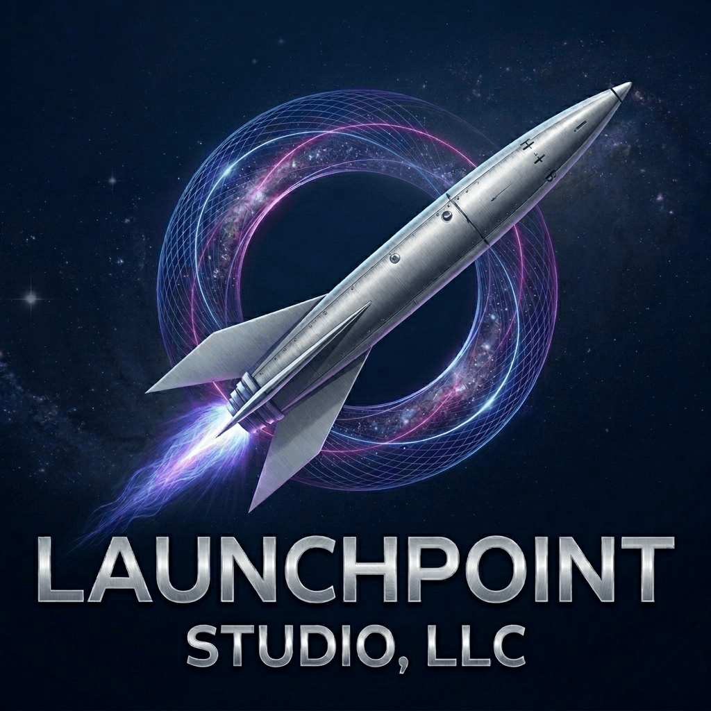 LaunchPoint Studio rocket logo with glowing orbital rings